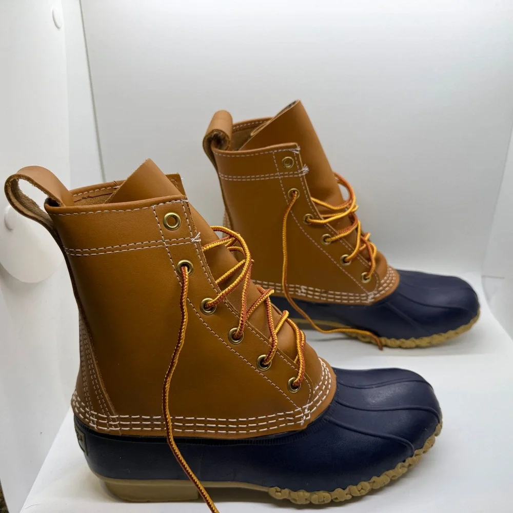 LL Bean 8 Inch Bean Boots Tan Navy Blue Leather Duck Boots 212880 Womens 6N